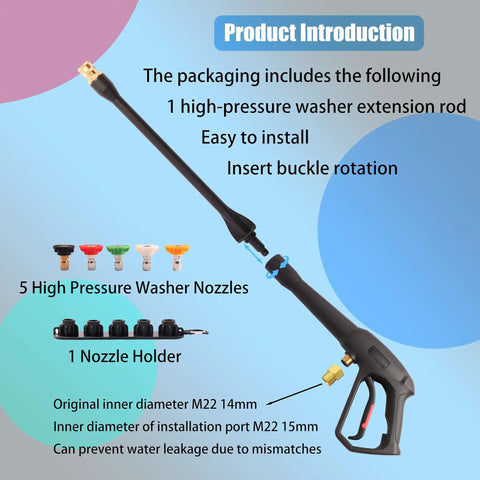 All In One Pressure Washer Gun Kit With Universal M22 Connectors 14MM And 15MM, Includes 1 Tip Holder And 5 Spray Nozzles, Easy Hookup