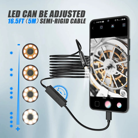 Endoscope Camera With 8 LED Lights Type C Borescope for Android and iOS Devices, OTG Compatible, 16.5 Feet Cable, Clear Live View
