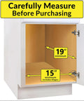 Knockout Kitchen Pull Out Cabinet Organizer With Heavy Duty Commercial Glide System shown in a cabinet with measurement guidelines.
