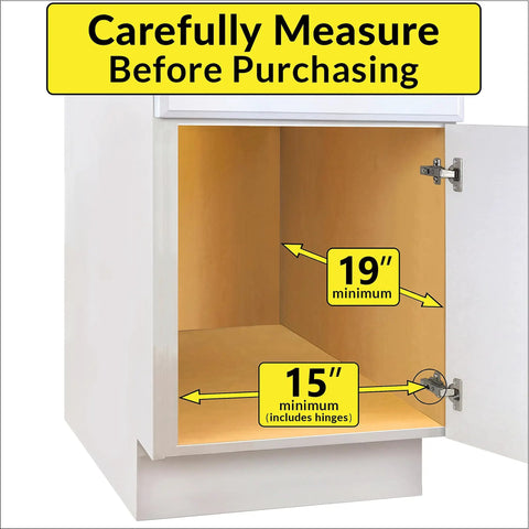 Knockout Kitchen Pull Out Cabinet Organizer With Heavy Duty Commercial Glide System shown in a cabinet with measurement guidelines.
