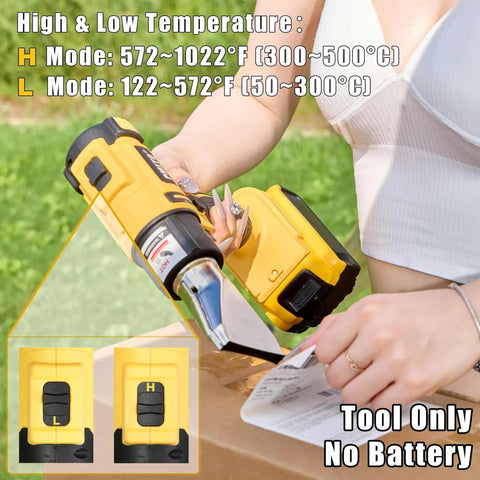Cordless Heat Gun For DeWalt 20V Battery Powered Hot Air Tool in use, highlighting dual temperature settings, tool only, no battery.