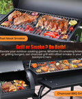 Charcoal Grill Offset Smoker With Built In Thermometer And Adjustable Air Vents For Grillin Precision Spacious Dual Level Cooking Area For Outdoor Patio Backyard Barbecues Camping And Parties Durable Steel Construction showing meat and vegetables cooking on grill