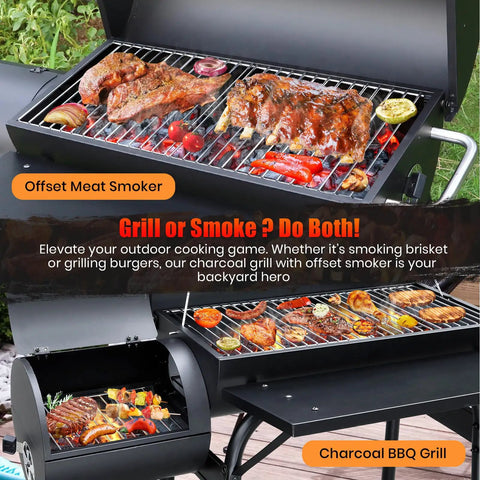 Charcoal Grill Offset Smoker With Built In Thermometer And Adjustable Air Vents For Grillin Precision Spacious Dual Level Cooking Area For Outdoor Patio Backyard Barbecues Camping And Parties Durable Steel Construction showing meat and vegetables cooking on grill
