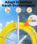 Fiberglass Fish Tape 500Ft One Quarter Inch Duct Rodder Wire Puller with Steel Reel Stand and environmental features.
