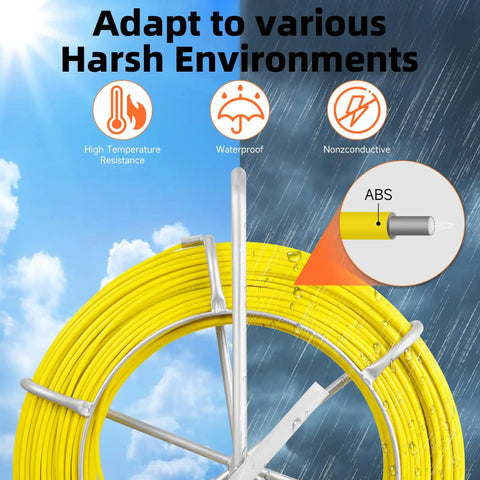 Fiberglass Fish Tape 500Ft One Quarter Inch Duct Rodder Wire Puller with Steel Reel Stand and environmental features.