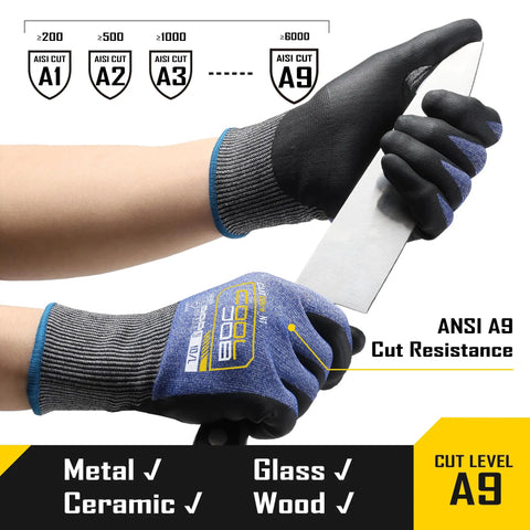Ultra Tough ANSI A9 Cut Resistant Work Gloves With Touchscreen Microfoam Nitrile Coating, Killer Knife Proof Protection in use with knife