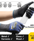 Cut Resistant Safety Work Gloves With Grip You Can Trust And Touchscreen Nitrile Coated Palm Heavy Duty For Glass And Metal Sheet Handling Blue Large 1 Pair ANSI A9 Level Up To 6000g being used to hold a sharp knife safely.