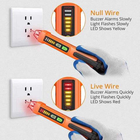 Demonstration of Non Contact AC Voltage Tester Pen 12 To 1000V With LED Flashlight in use, showing red and yellow LED indicators.