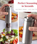 Battery Operated Salt And Pepper Grinder Set With Light Stainless Steel Mills in use on salad