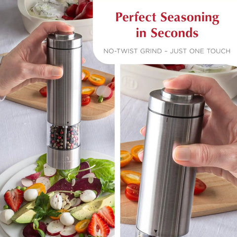 Battery Operated Salt And Pepper Grinder Set With Light Stainless Steel Mills in use on salad
