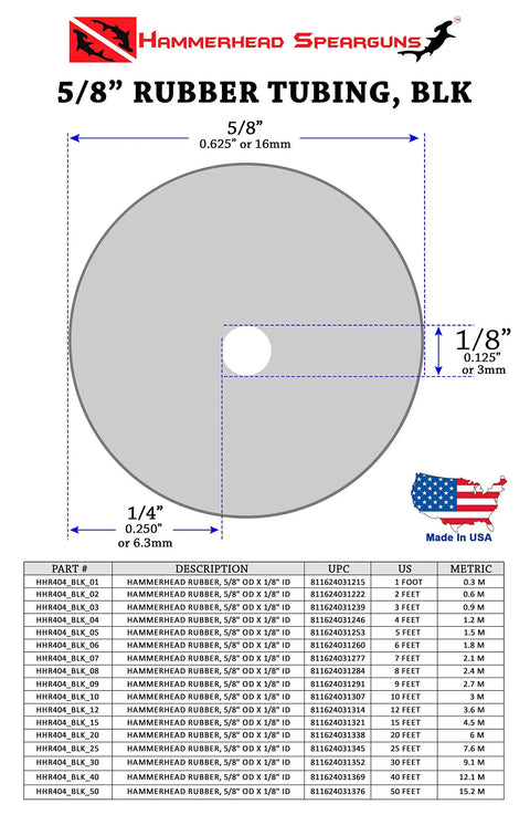 Diagram showing 5/8 Inch Rubber Tubing For Spearguns Black 10 Feet Made In USA Ultra Pure Formulation with specifications
