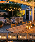 Outdoor String Lights For Patio And Backyard Waterproof IP65 with Edison bulbs illuminating a cozy patio seating area at night.