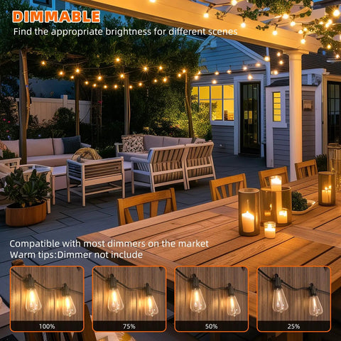 Outdoor String Lights For Patio And Backyard Waterproof IP65 with Edison bulbs illuminating a cozy patio seating area at night.