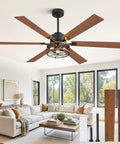 60 Inch Farmhouse Industrial Ceiling Fan With Lights And Remote, Black Cage Design, Reversible DC Motor in a bright living room.