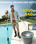 Man using Cordless 840 GPH Brushless Water Transfer Pump With Auto Shutoff 3 Speed Modes 38 Ft Lift Extendable Hose Kit near pool