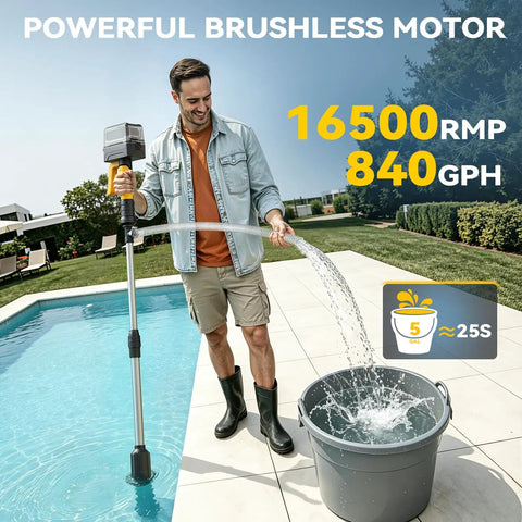 Man using Cordless 840 GPH Brushless Water Transfer Pump With Auto Shutoff 3 Speed Modes 38 Ft Lift Extendable Hose Kit near pool