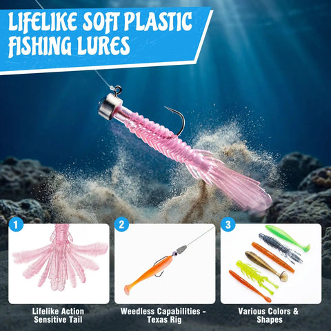Lifelike soft plastic lure in water, part of Beast All In One Bass Lures Tackle Kit With 211 Pieces Pre Rigged Jig Heads Soft Baits Hooks Weights.