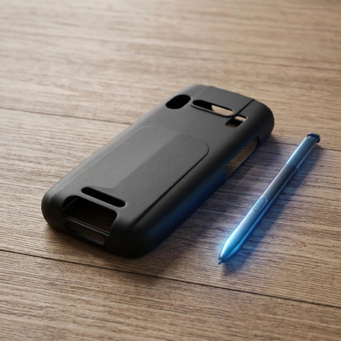 Tough As Nails Nonslip Boot With Crush Proof Armor And Tight Fit For K3S Barcode Scanner on wooden surface next to a blue stylus.