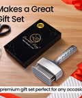 Meat tenderizer tool with textured stainless-steel handle and ribbed blade head beside a black gift-set box.