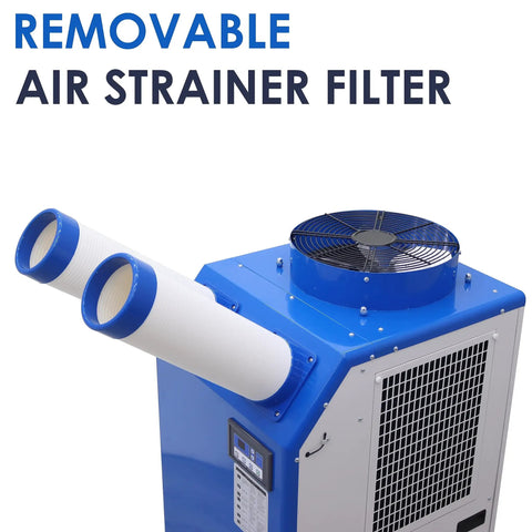 Heavy Duty Portable Air Conditioner 18,700 BTU Industrial Spot Cooler with removable air strainer filter, dual exhaust tubes.
