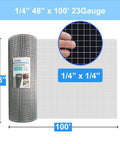 1/4 Inch Galvanized Hardware Cloth 48x100 Foot Roll 23 Gauge Steel Wire Mesh displayed in a roll with detailed mesh pattern.
