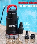 Heavy Duty Submersible Water Pump With 4600 GPH Flow Rate And Built In Filter Base for quick drainage, showing multiple adapters.