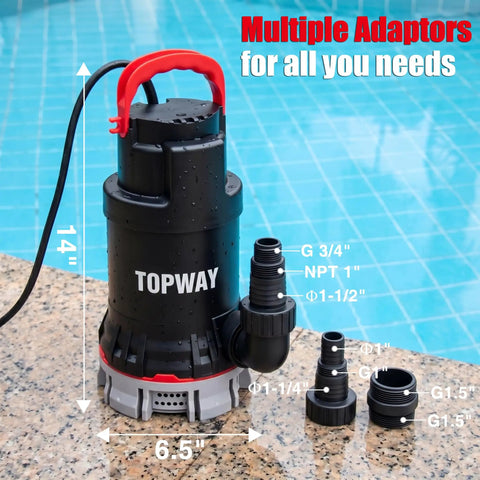 Heavy Duty Submersible Water Pump With 4600 GPH Flow Rate And Built In Filter Base for quick drainage, showing multiple adapters.