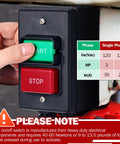 Heavy Duty On Off Toggle Switch For Table Saw Handles Steady 120 Or 230 Volt Power, with green 'START' and red 'STOP' buttons.