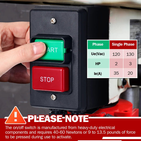 Heavy Duty On Off Toggle Switch For Table Saw Handles Steady 120 Or 230 Volt Power, with green 'START' and red 'STOP' buttons.