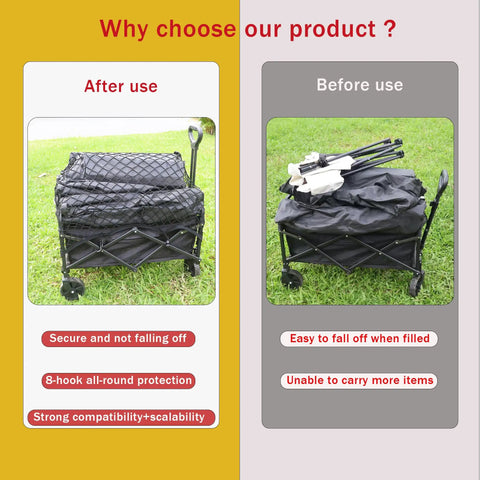 Heavy Duty Elastic Cargo Net For Folding Wagons And Utility Carts, Expandable, before and after securing items on a wagon.