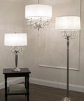 Crystal Silver Floor Lamp Dope 62 Inch Tall With 17 By 17 Inch Base UL Listed 40 Watt Max On Off Switch in modern living room.