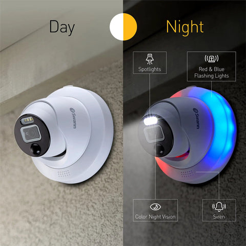 Add-On DVR Dome Security Camera With Sensor Spotlight And Flashing Lights, 4K UHD Video showing day and night features