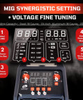 Hot Rodder's Dream 180 Amp Multi Process Welding Machine control panel with MIG synergistic settings and voltage tuning options.