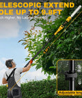 Pro Grade Cordless Pole Hedge Trimmer And Electric Grass Shear Kit For Backyard Bosses, worker using 9.8ft telescopic pole.