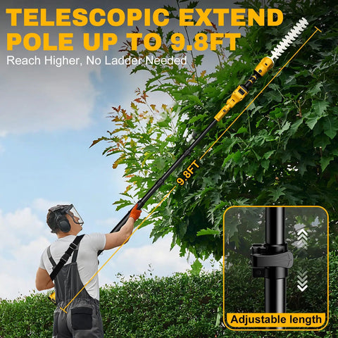 Pro Grade Cordless Pole Hedge Trimmer And Electric Grass Shear Kit For Backyard Bosses, worker using 9.8ft telescopic pole.
