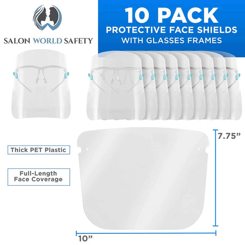 Ten Pack Ultra Clear Safety Face Shields Built In Glasses Frames For Full Face Protection featuring PET plastic material