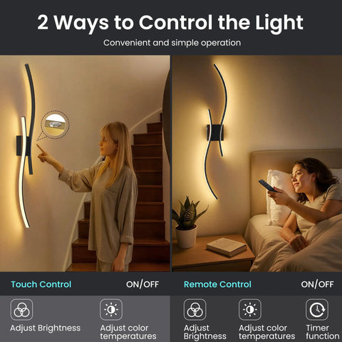 Cordless Battery Operated Wall Sconces Set Of 2 With 10000mah Power Bank 31.5 Inch Black LED Light showing touch and remote control features.