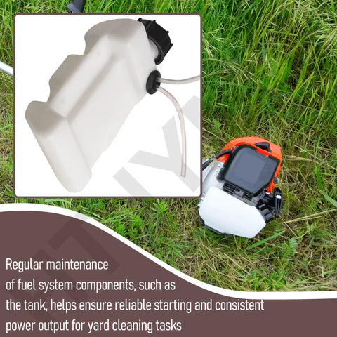 Gas Tank Assembly Replacement Fuel Tank For 25cc Jet Fan Blower showing white plastic tank and attached lines on grass.