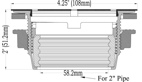 Diagram of a round shower base drain with 2 inch pipe PVC compression, showcasing matte black strainer for shower base and pan.