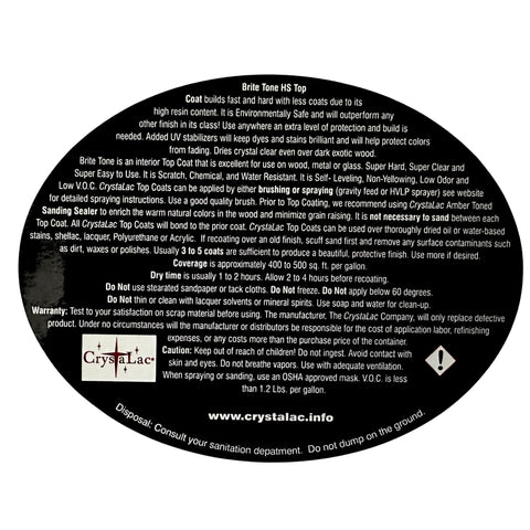 Label of Brite Tone High Solids Water Based Polyurethane Instrument Finish 128 Ounce container showing product details and instructions.