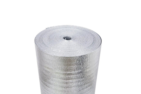 Heavy Duty Reflective Insulation Roll With Foam Core Covers 400 Square Feet showcasing reflective foil surface for heat shielding.