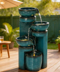 Cool 19.3 Inch Outdoor Water Fountain With LED Lights Four Tier Cascading Water Feature For Garden Patio Yard Or Porch Polyresin Faux Ceramic Pedestal Pump Included