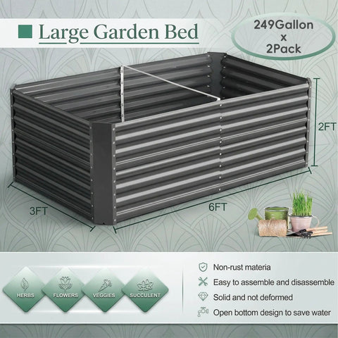 Side view of 2 Pack 6x3x2 Ft Galvanized Metal Raised Garden Beds for veggies and flowers, 2 ft deep with rust resistant gray finish.