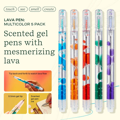 Scented Lava Gel Pen Set 5 Pack Multi Color 0.5mm Gel Pens Infused With Scented Essential Oil Blends And Mesmerizing Lava Bubbles