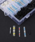 Rock Solid 600 Piece Heat Shrink Butt Connectors Kit showing various color coded terminals and waterproof sleeves in a storage box.