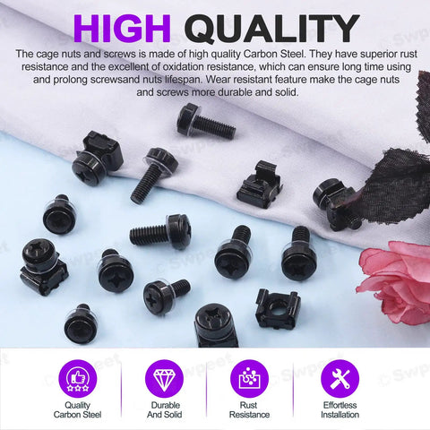 Top Shelf Badass Black Computer Mount Cage Nuts And Screws Assortment Kit with black carbon steel fasteners and washers.