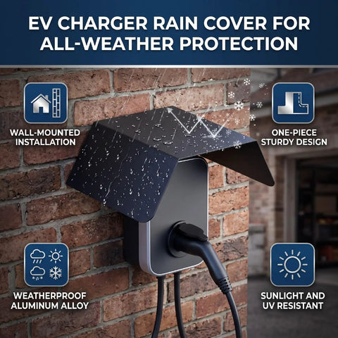 Heavy Duty Aluminum Alloy EV Charger Protective Cover Wall Mounted Weather Shield For Electric Vehicle with raindrops on it.