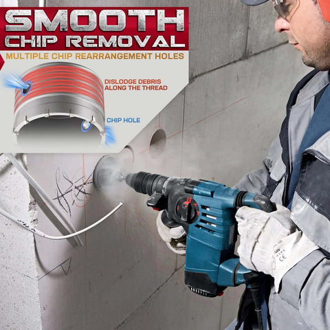 Front view of DAIMIT 20-piece concrete hole saw kit with SDS Plus & Max shanks, used with a drill on concrete.