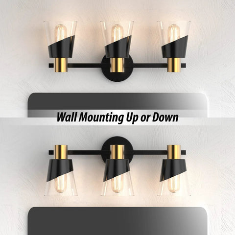 Beveled Edge Matte Black and Gold 3 Light Vanity Light for Bathroom Over Mirror Clear Glass Shade Wall Fixture Vintage Modern Farmhouse Vibe E26 Base Ready 20 Inch Long