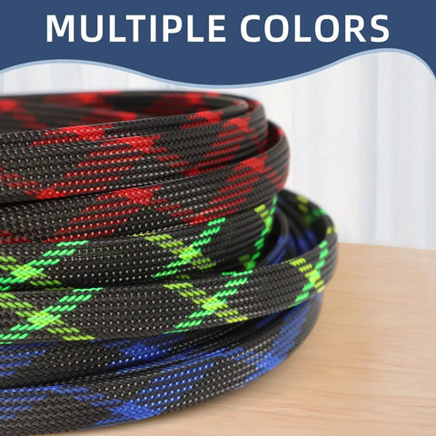 Expandable Braided Sleeving For Cables Dope PET Wire Loom Flexible Cable Management in black and red, multiple colors shown